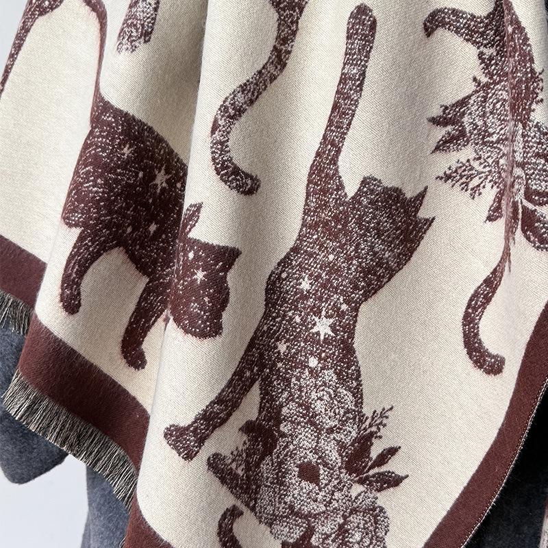 Autumn/Winter Double-Sided Imitation Cashmere Scarf with Cat Silhouette and Starry Sky Design