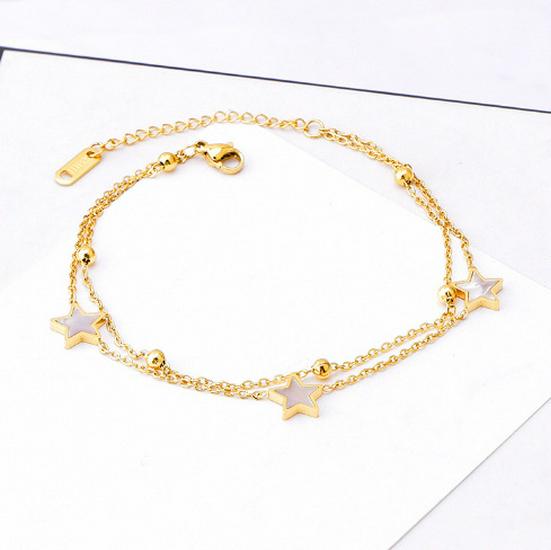 European Retro 18K Gold Stainless Steel Double Layer Star & Heart Anklet, Fashion Titanium Non-Fading Design