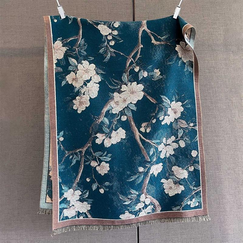 Autumn and winter new imitation cashmere plant flower print scarf women's autumn warm thickened outer shawl scarf