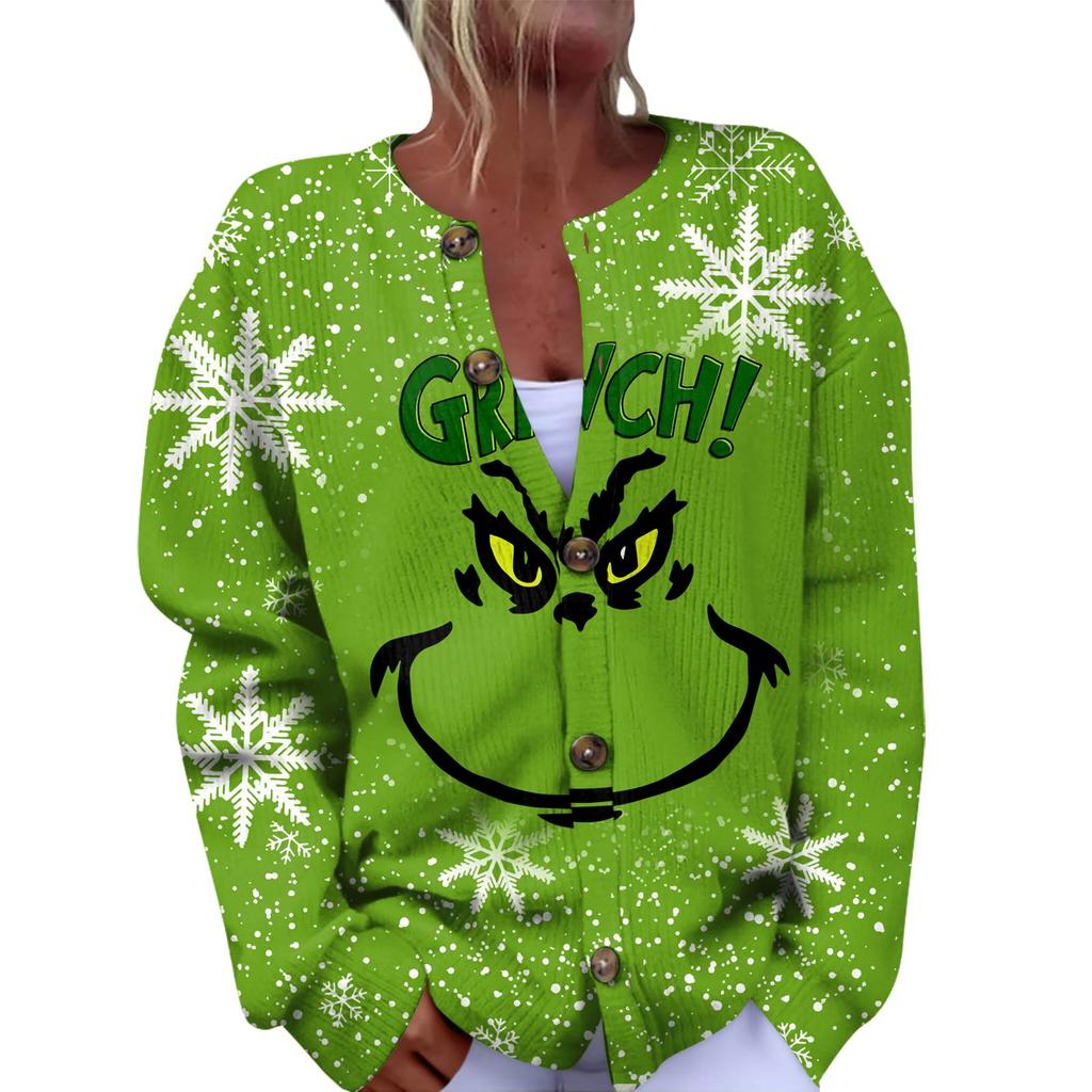 Women's Fashion Christmas Printed Long Sleeve Knitted Cardigan Button Down Jacket