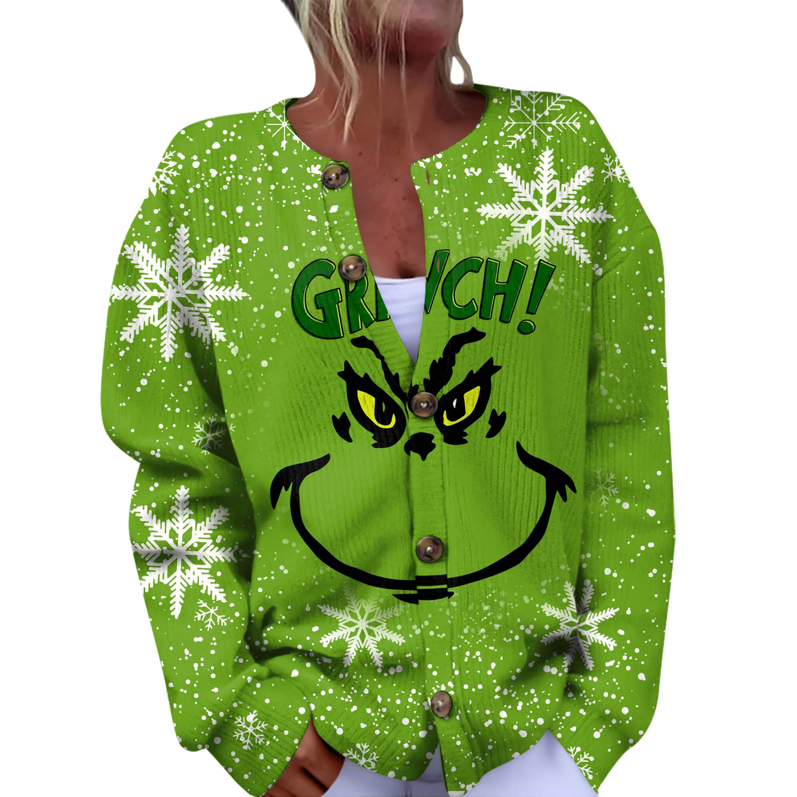 

Женская мода рождественский принт длинный рукав вязаный кардиган пуховик XL белый