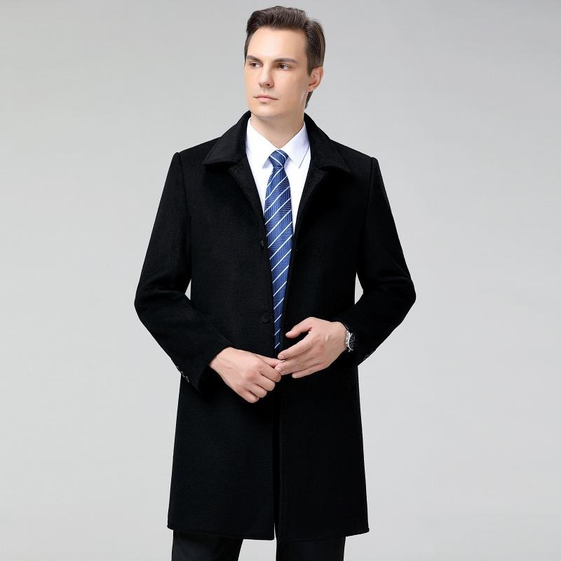 High-end cashmere men's mid-length coat, middle-aged autumn and winter windbreaker, loose woolen jacket, casual coat