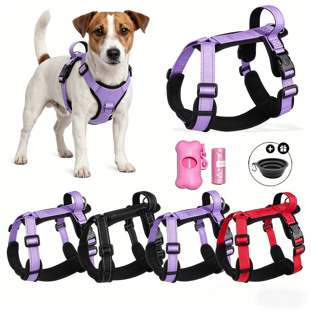 4 Point No Pull Dog Harness with Poop Bag Holder & Collapsible Bowl, Breathable Mesh Vest for Medium Large Dogs Outdoor Walking