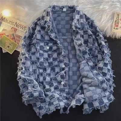 Unisex Loose Retro Plaid Chessboard Denim Jacket - Trendy High Street Spring/Autumn Fashion