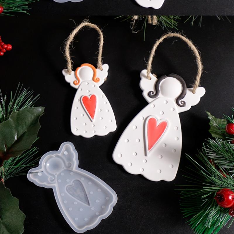DIY Faceless Angel Silicone Mold Christmas Tree Hanging Ornament Plaster Concrete Resin Mould Heart Dot Texture Dress Girl Craft