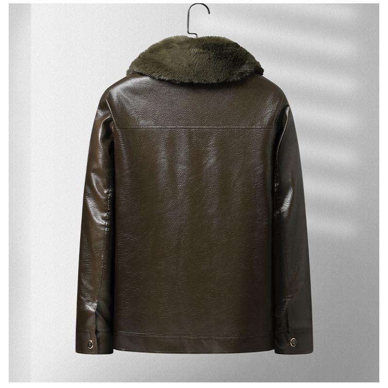Autumn Winter Turn Down Fur Collar Fleece Lined PU Leather Jacket Men Casual Fashion Coat Warm Outwear Top
