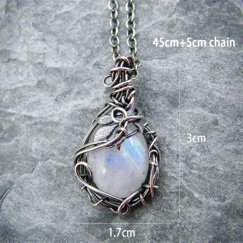 Antique Teardrop Artificial Moonstone Pendant Gems Cabochon Leaf Rattan Vintage Boho WaterDrop Necklace for Women Lady Girls