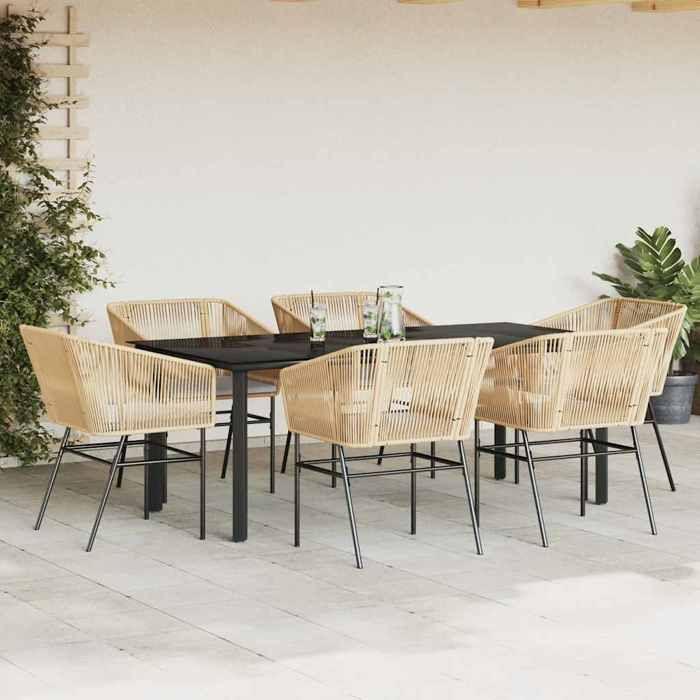 VidaXL Ensemble à manger jardin coussins 7pcs marron poly rotin verre, ensemble de salle à manger d'extérieur 3334623