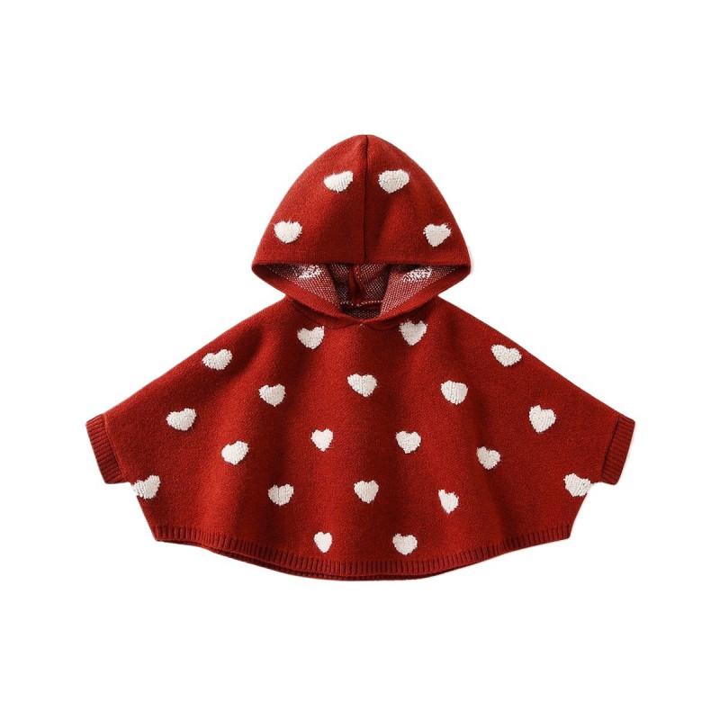 Girls Winter Knit Cape Hooded Cardigan Toddlers 1-3 Years Soft Acrylic Poncho With Heart Design