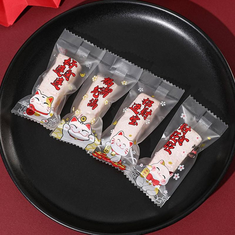 100Pcs Lucky Cat Pattern 2026 Chinese New Year Snowflake Crispy Packaging Baking Cookie Machine Sealed Candy Gift Bags
