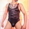 Mens Hidden Snap Open Crotch Bodysuit Suspender Silky Muscle Macho Slim Tops Sissy Lingerie Shiny Sheer Sleeveless Mankini Thong