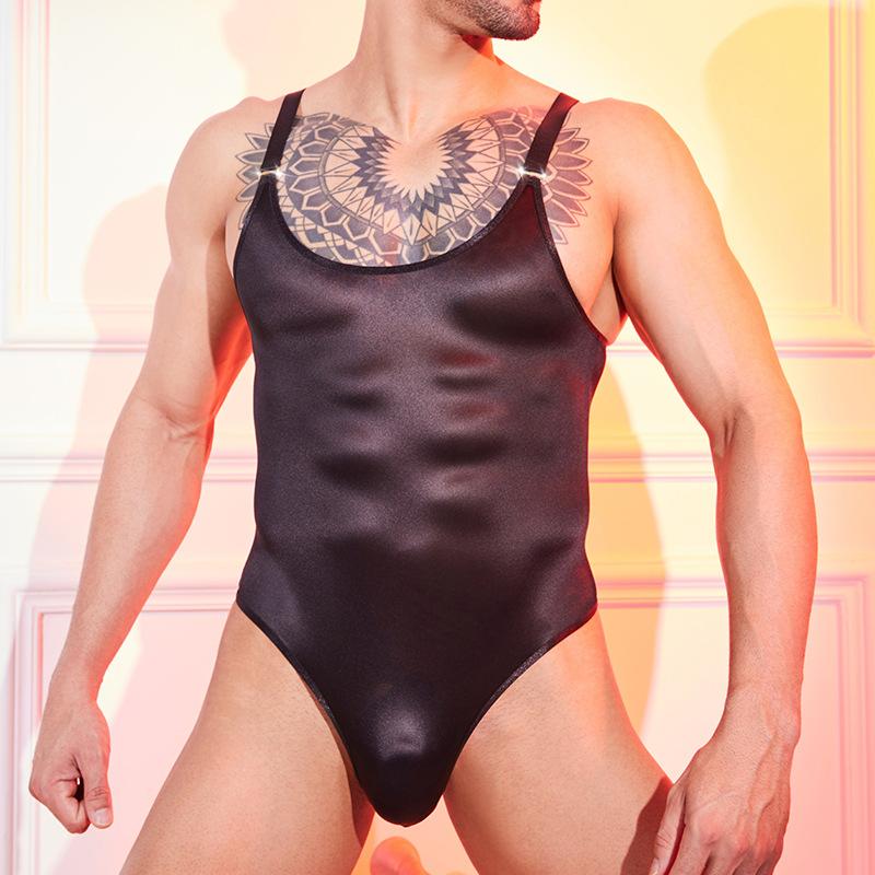 Mens Hidden Snap Open Crotch Bodysuit Suspender Silky Muscle Macho Slim Tops Sissy Lingerie Shiny Sheer Sleeveless Mankini Thong