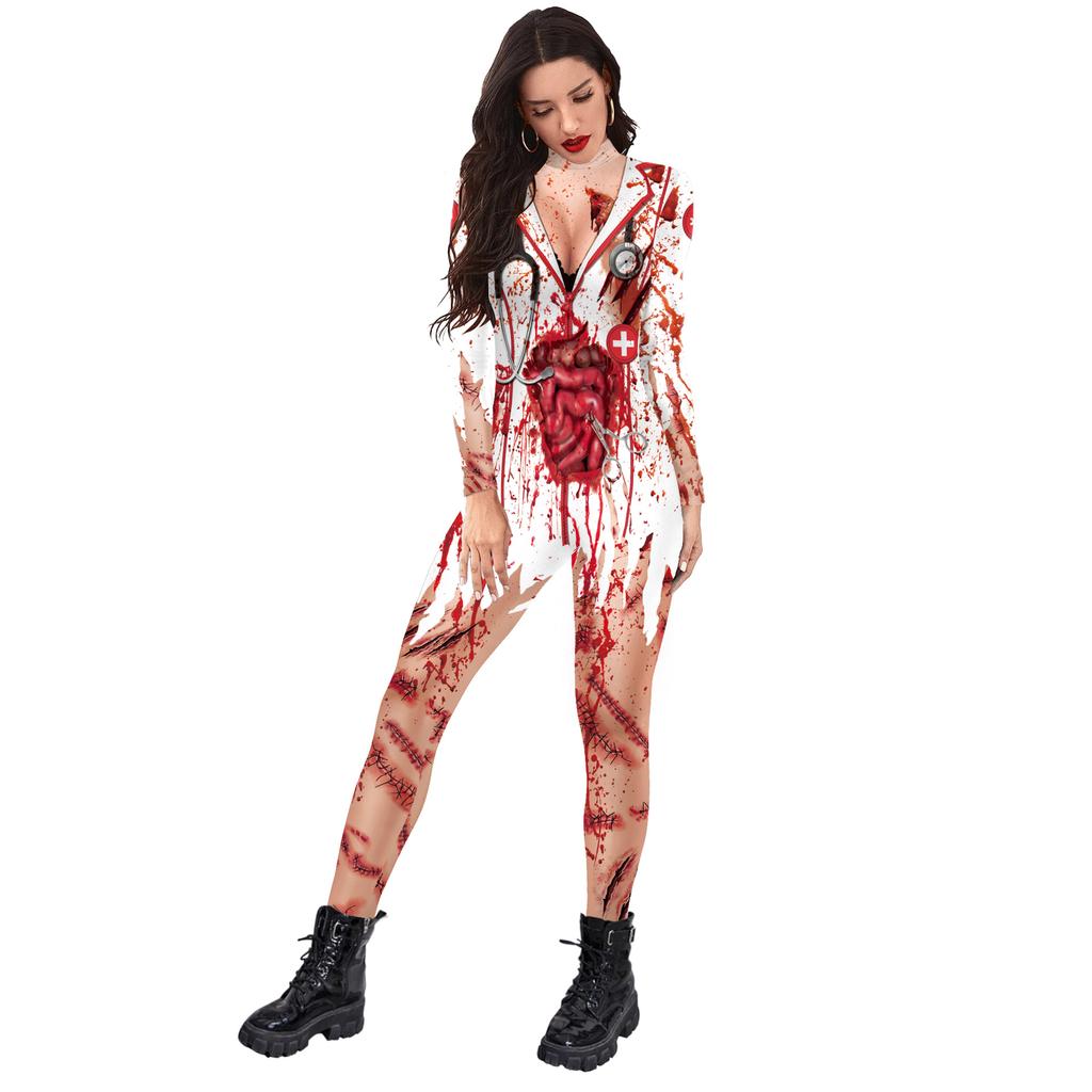 Fall Halloween Bloody Nurse Jumpsuit Digital Print New Tights