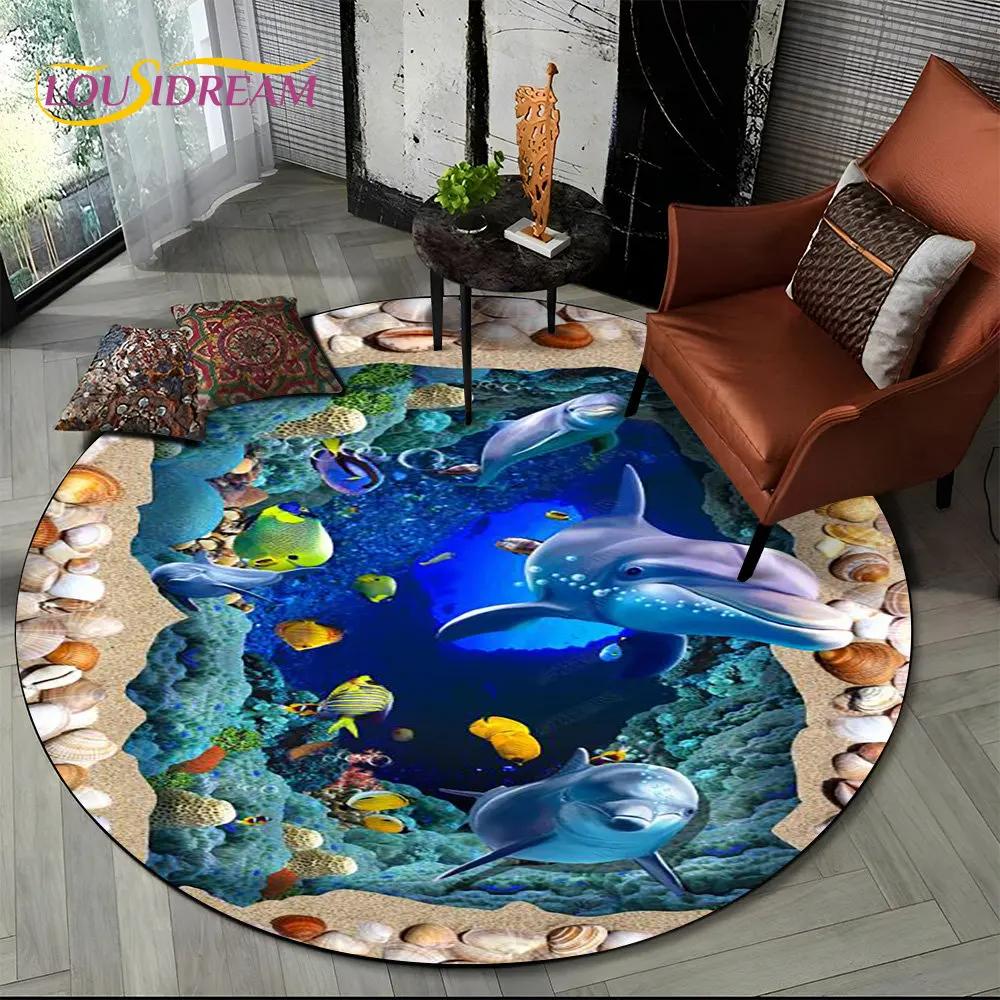 3D Seabed Illusion Underwater World Dolphin Round Area Rug,Carpet for Living Room Bedroom Sofa Playroom Decor,Non-slip Floor Mat