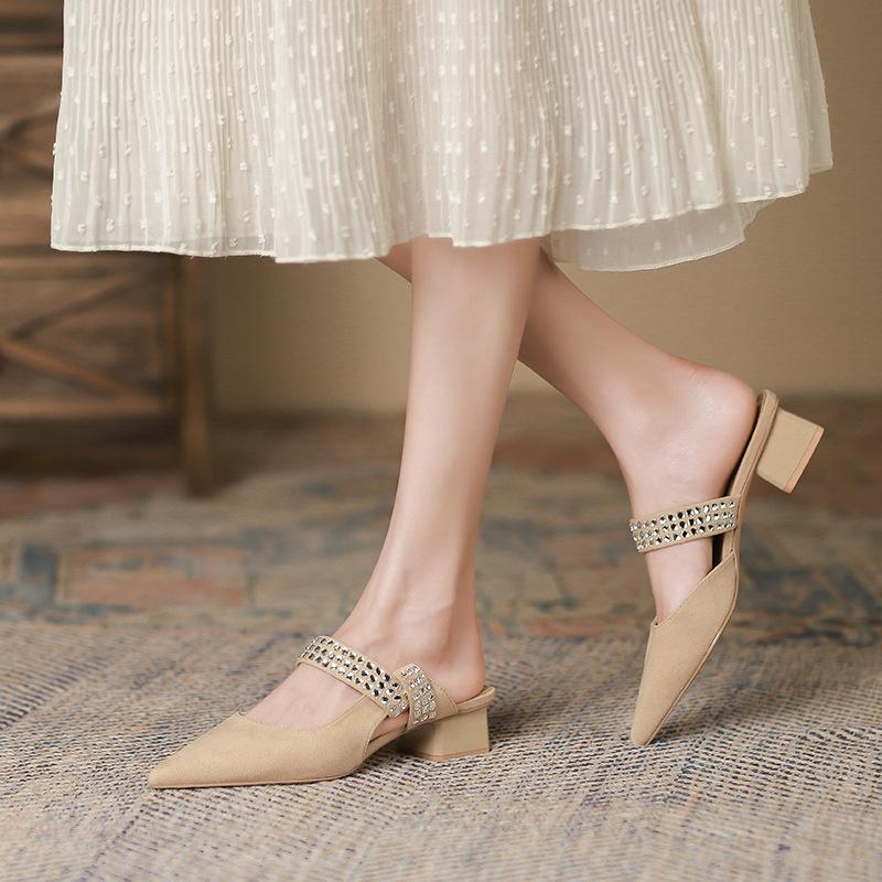 Versiunea coreeană a sandalelor cu toc joasă și vârf ascuțit Curea pentru femei cu paiete, cu un singur cuvânt, cu toc gros, pantofi pentru femei single, Baotou Spate, pantofi pentru femei goale