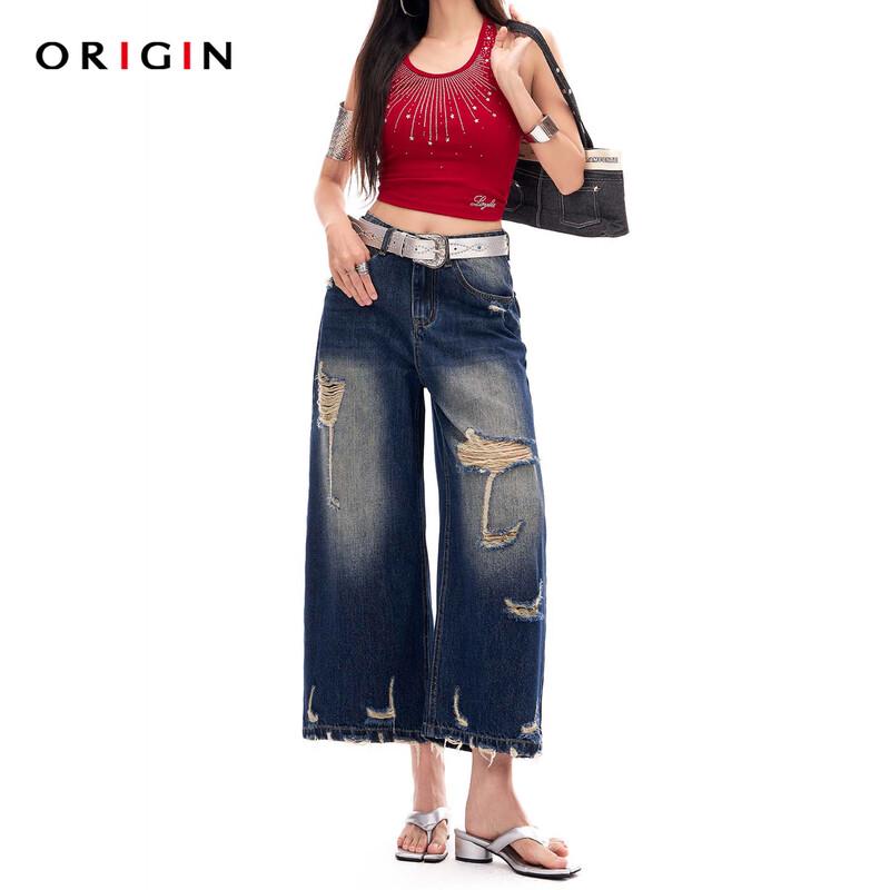 ORIGIN Women s Vintage Blue Distressed Ripped Wide-Leg Cropped Denim Jeans XS