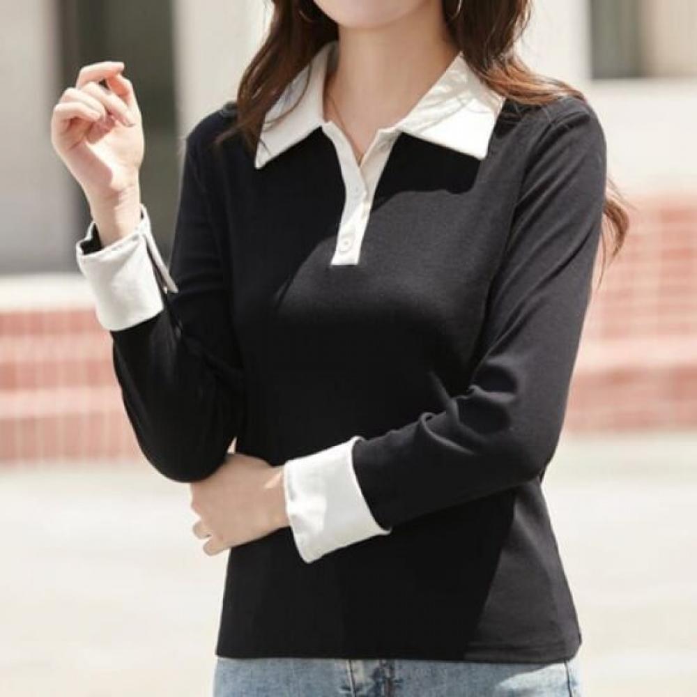 Navava Casual Basic Color Collar Long Sleeve T shirT nT2985