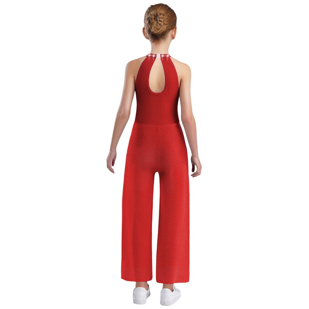 Girls Rhinestone Dance Bodysuit - Shimmery Sleeveless Jumpsuit with Keyhole Back & Side Splits, Built-in Briefs for Performances