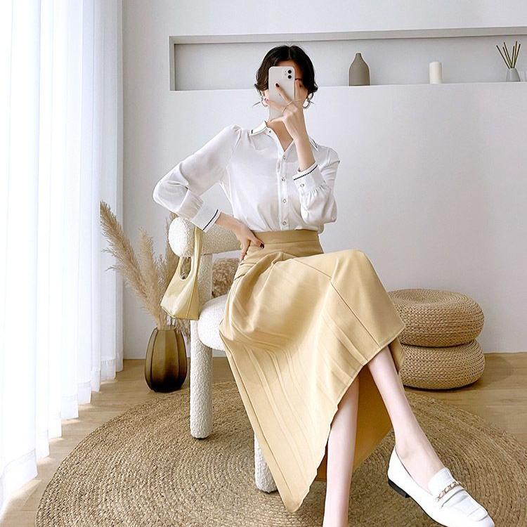 Fusta plisată neregulată elegantă cu costum Design în linie A Talie cu talie înaltă Fuste de lungime midi