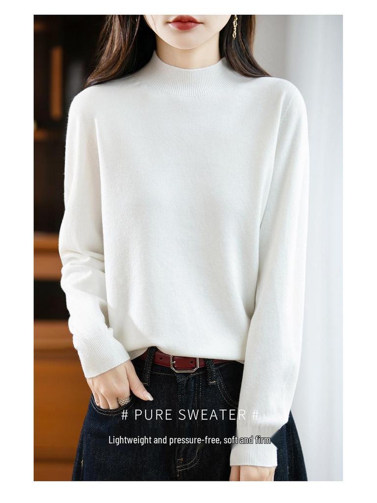 Elegant Autumn Velvet Knit Half-High Neck Sweater for Women - Long Sleeve, Loose Fit Pullover