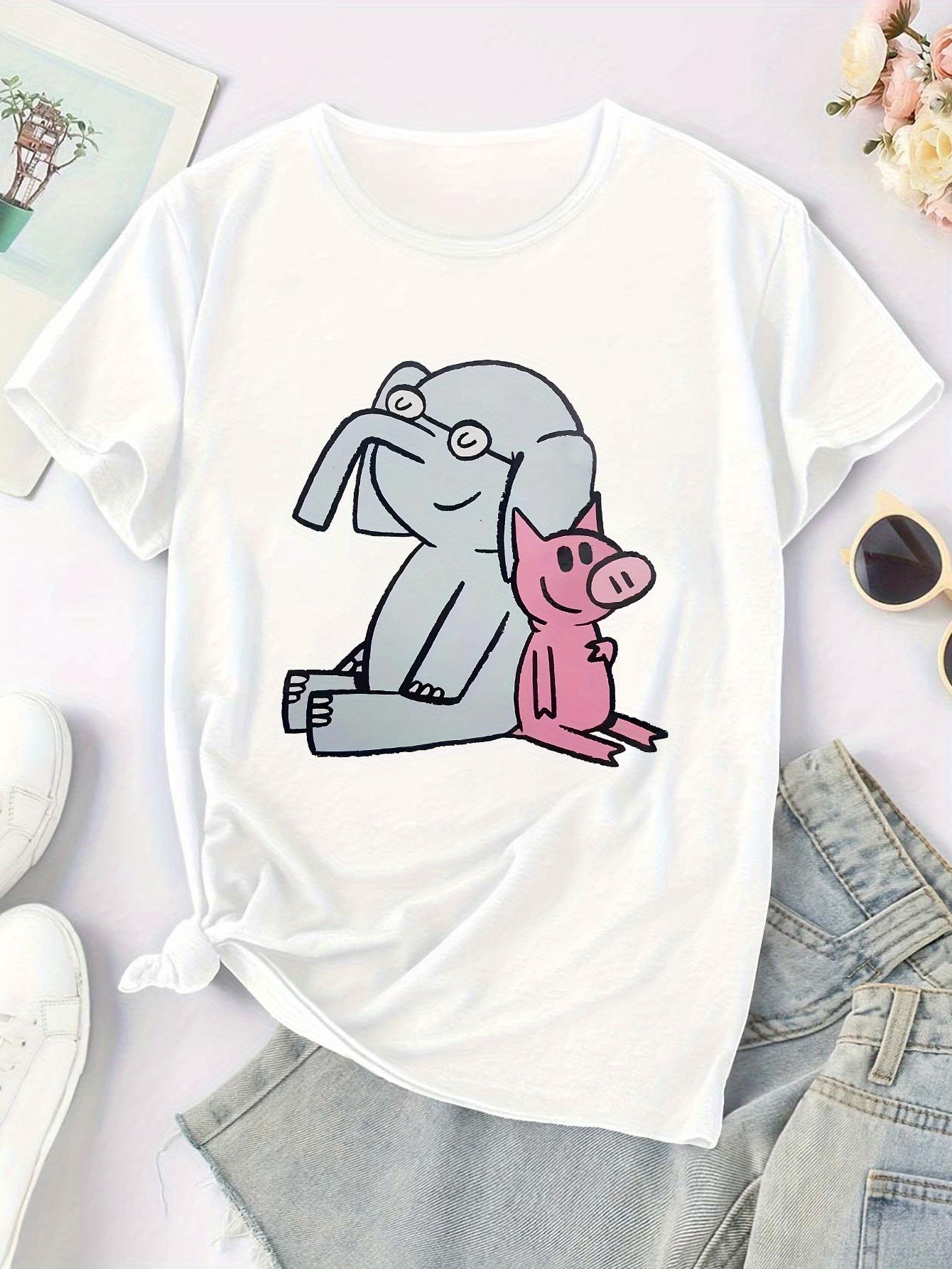 

Elegant Cartoon Elephant and Pig Print TShirt Womens Crew Neck Short Sleeve Casual Summer Comfortable Women Tshirt Clothing S