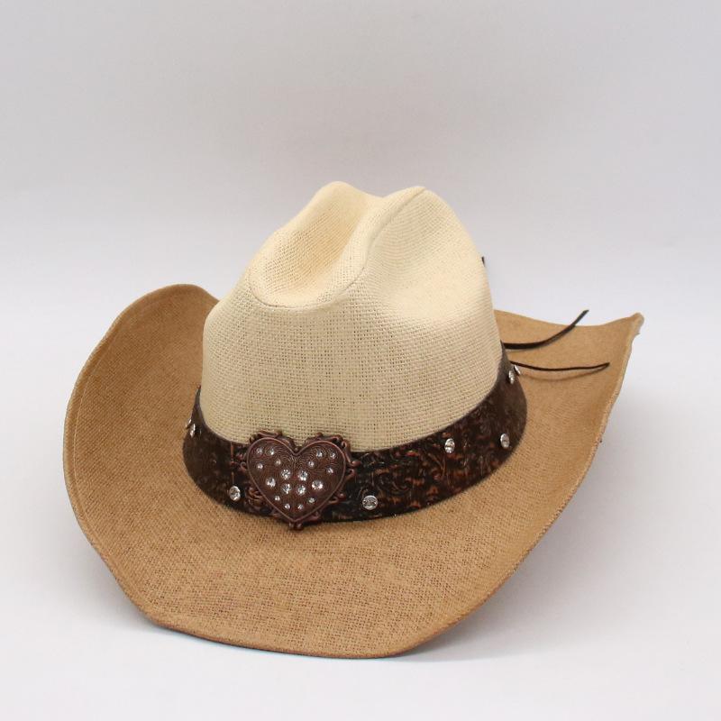 One-Word Straw Hat Cross-Border Manufacturer Wholesale Two-Color Splicing Denim Big Love Straw Hat Women'S Mountain Climbing Sun Protection Hat