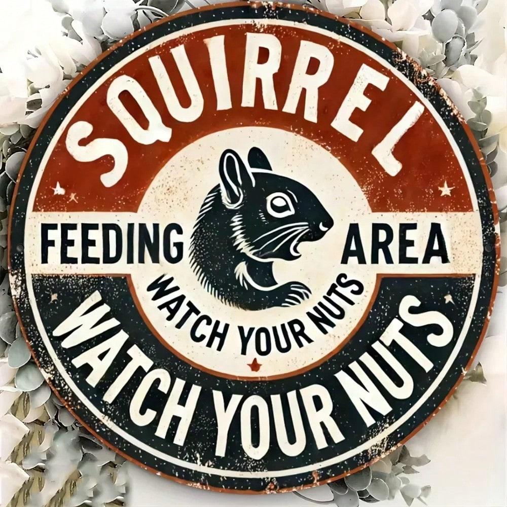 Vintage Aluminum Squirrel Feeding Sign Humorous Indoor Outdoor Garden Decor