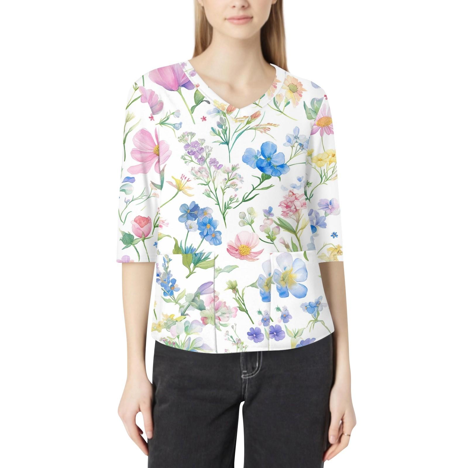 

Модная женская рабочая одежда с v-образным вырезом и рукавами 3/4, свободные топы с карманами и принтом L розовый