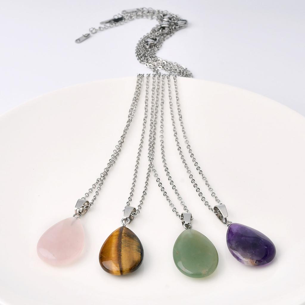 1pc Fashion Natural Stone Amethyst Rose Quartz Water Drop Pendant Necklace Bohemian Women's Elegant Festival Party Jewelry
