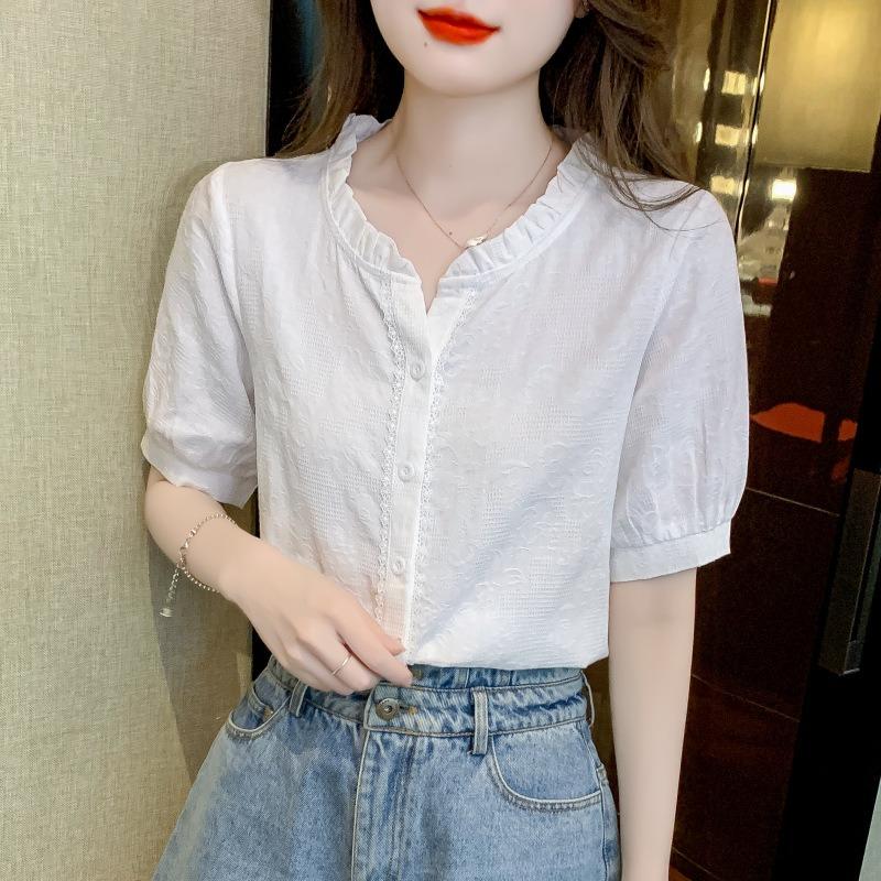 Women Ruffled Collar Cotton Jacquard Embroidered Short Sleeve Casual Blouse