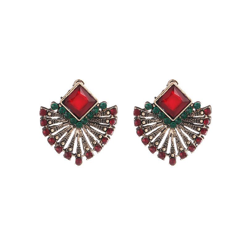 Retro Bohemian Ruby & Crystal Fan-Shaped Earrings - European & American Ethnic Style
