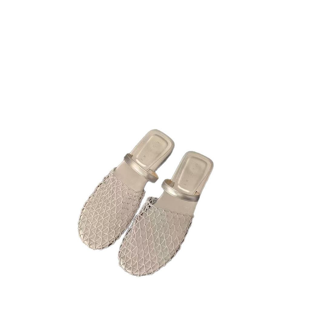 French fishing net surface bag head half slippers women's summer wear 2025 new with skirt niche flat bottom fisherman cool slippers