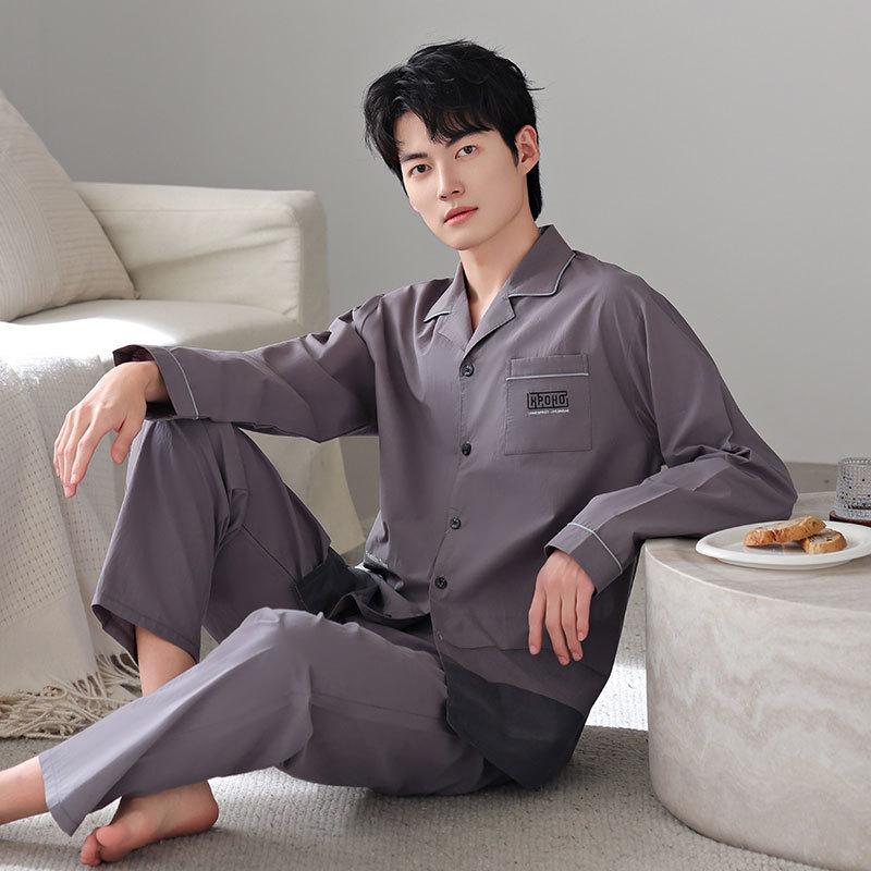 Pajamas Men'S Spring And Autumn Autumn Woven Cotton Gauze Casual Long Sleeves Cotton Loungewear Men'S Suit