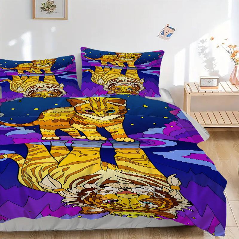 3pcs Tiger Cat Print Duvet Cover Set, 1 Duvet Cover + 2 Pillowcases (No Insert), High-Definition Print, Home & Dorm yy251123007