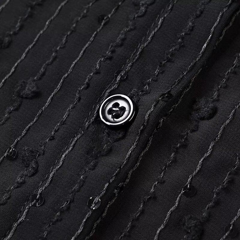 Spring 2025 Women's Fashion European & American Style Sequined Cutout Long-Sleeve Shirt