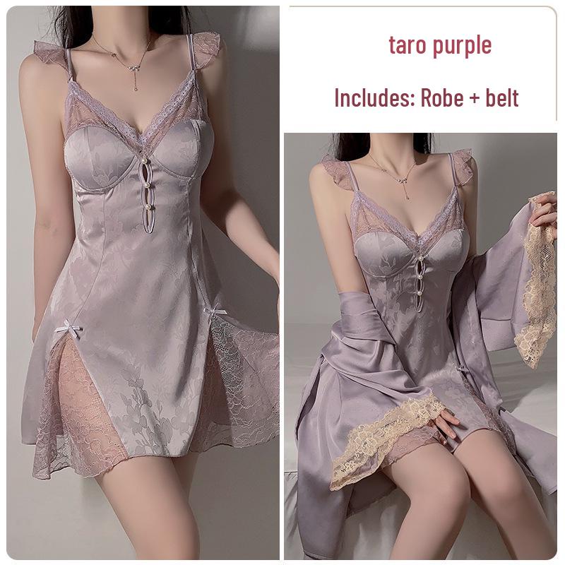 Gorgeous Plus Size Ice Silk Backless Pajama Set with Deep V Padded Camisole and Outer Robe - C4424