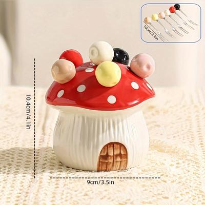 1set of 7pcs Including 6forks and 1base Ceramic Mushroom Shaped Dessert Fruit Cake Fork Set with 304 Stainless Steel Fork Suitable for Fruits Desserts