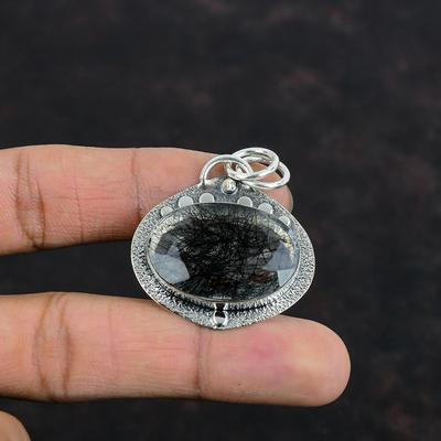 Faceted Black Rutile Pendant Natural Gemstone Pendant Antique Jewelry 925 Sterling Silver Pendant Handmade Statement Pendant Engagement Gift