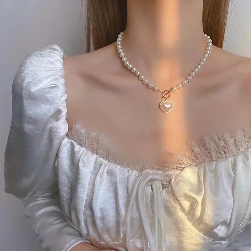 Collier de perles élégant simple et tendance pour femmes, long, à plusieurs rangs, avec pendentif cœur en strass et coquillage, accessoires, bijoux, cadeaux doux