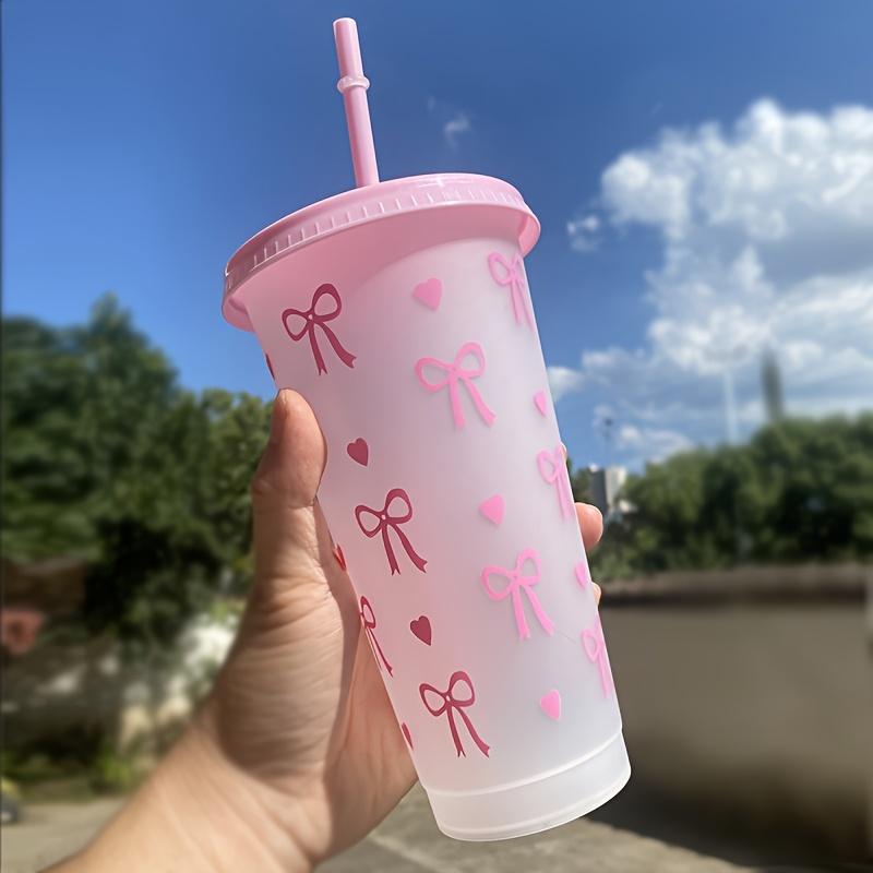 20Pcs Bowknot Plastic Cup with Straw Lid for Ice Coffee Juice Tea Plastic Cup Portable Drinking Bottle Valentine's Day Gift