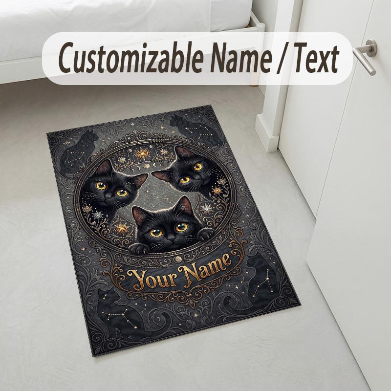 Starry Night Cat Theme Soft Crystal Velvet Rug Custom Name & Text Print Non Slip Floor Rug for Bedroom Living Room