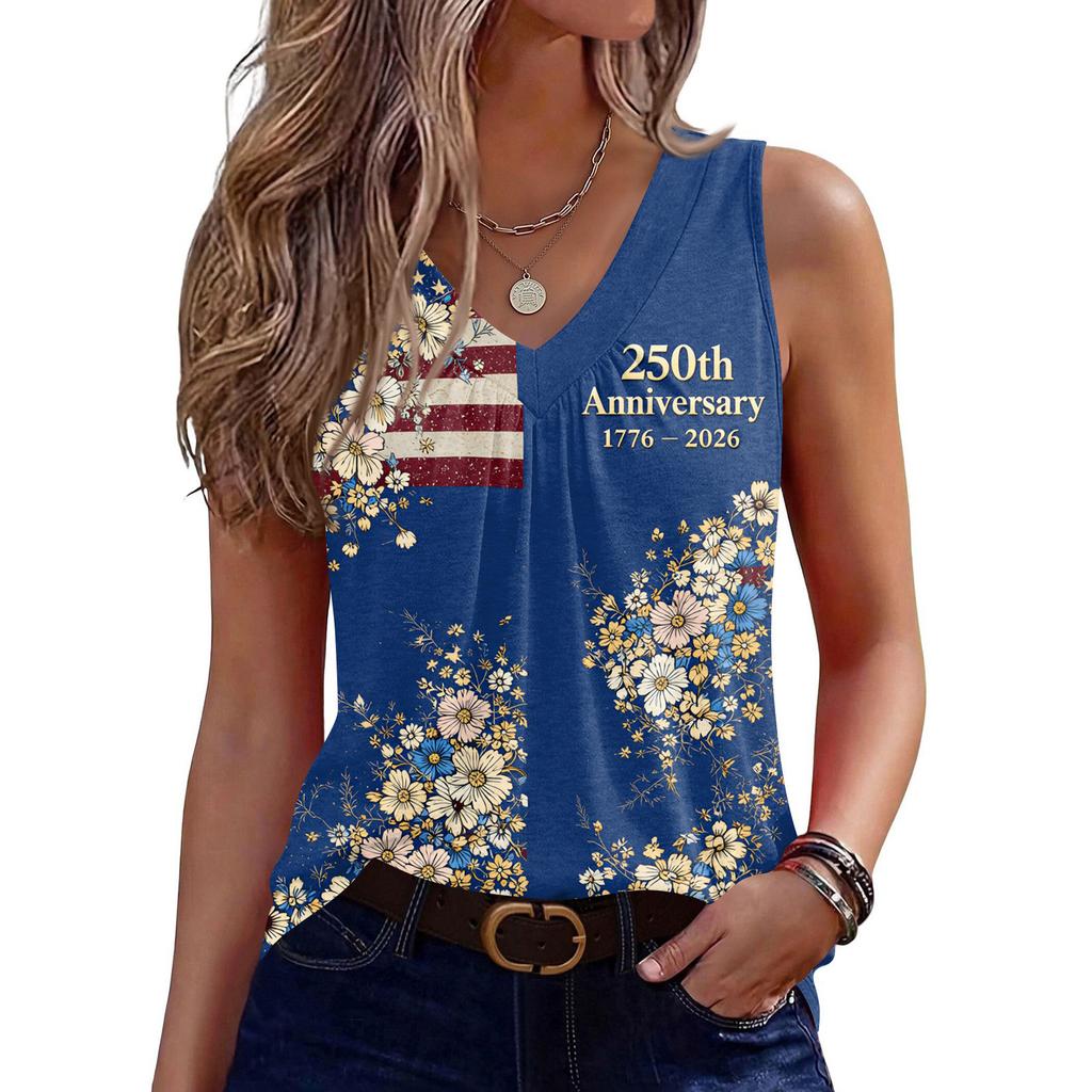 Womens Sleeveless V Neck Tank Top with America Print 1776 2026 Flag Graphic Casual Loose Fit Summer Shirt
