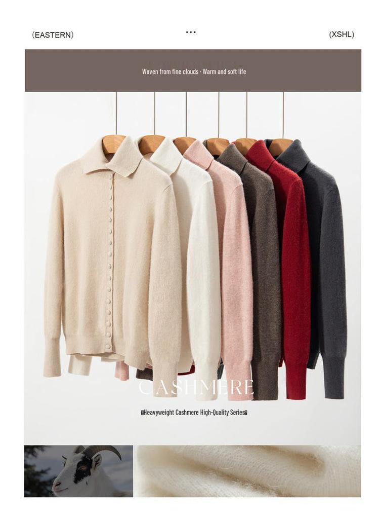 Women's Soft Solid Color Cashmere Knit Cardigan with POLO Collar