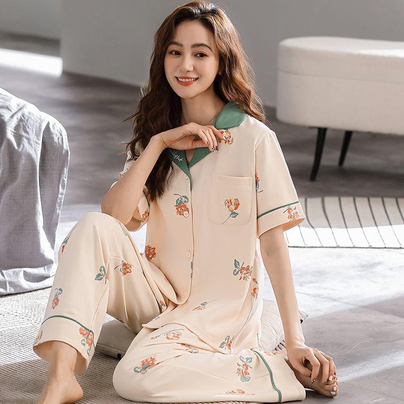 Pajamas Women's Summer Cotton Short Sleeves Trousers Loungewear Thin Middle-aged Mom Loose Plus Size Set