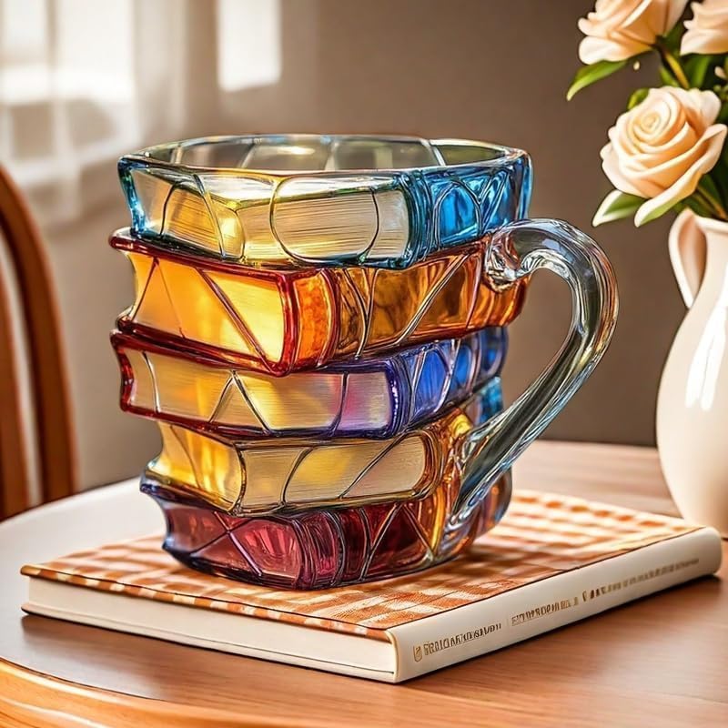 Painted Book Mug Novelty Coffee Mugs, 3D Handcrafted Painted Book Mug,Novelty Stained Glass Stacked Books Coffee Cup, for Readers Literature Lovers