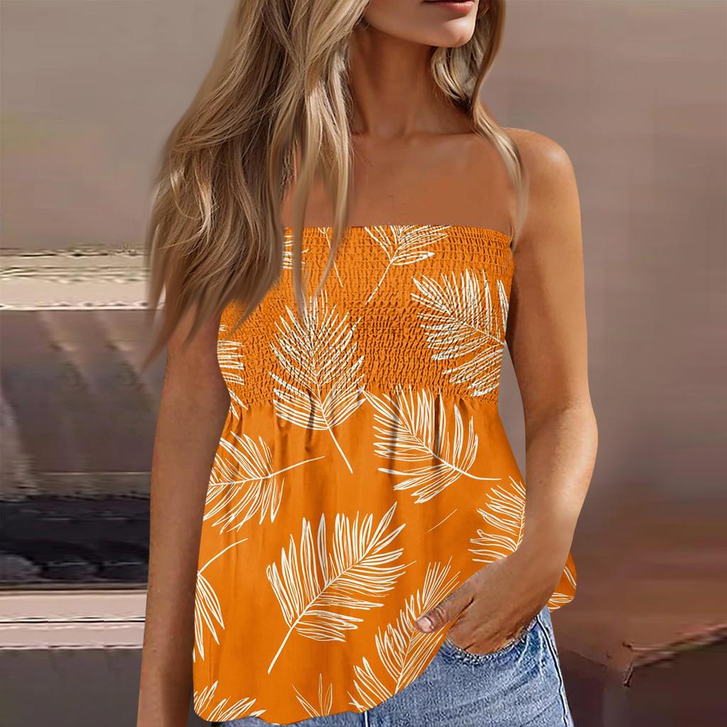 Women's Summer Fashion Strapless Top, Cute and Sexy Off-Shoulder Hawaiian Print Sleeveless T-Shirt