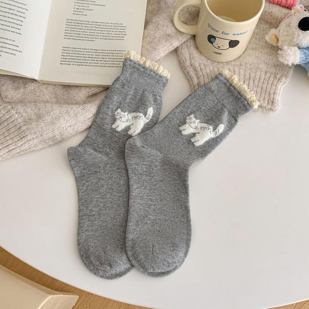 Socks Female Flocking Cartoon Kitten Contrast Color Lace Medium Tube Stacking Socks Female