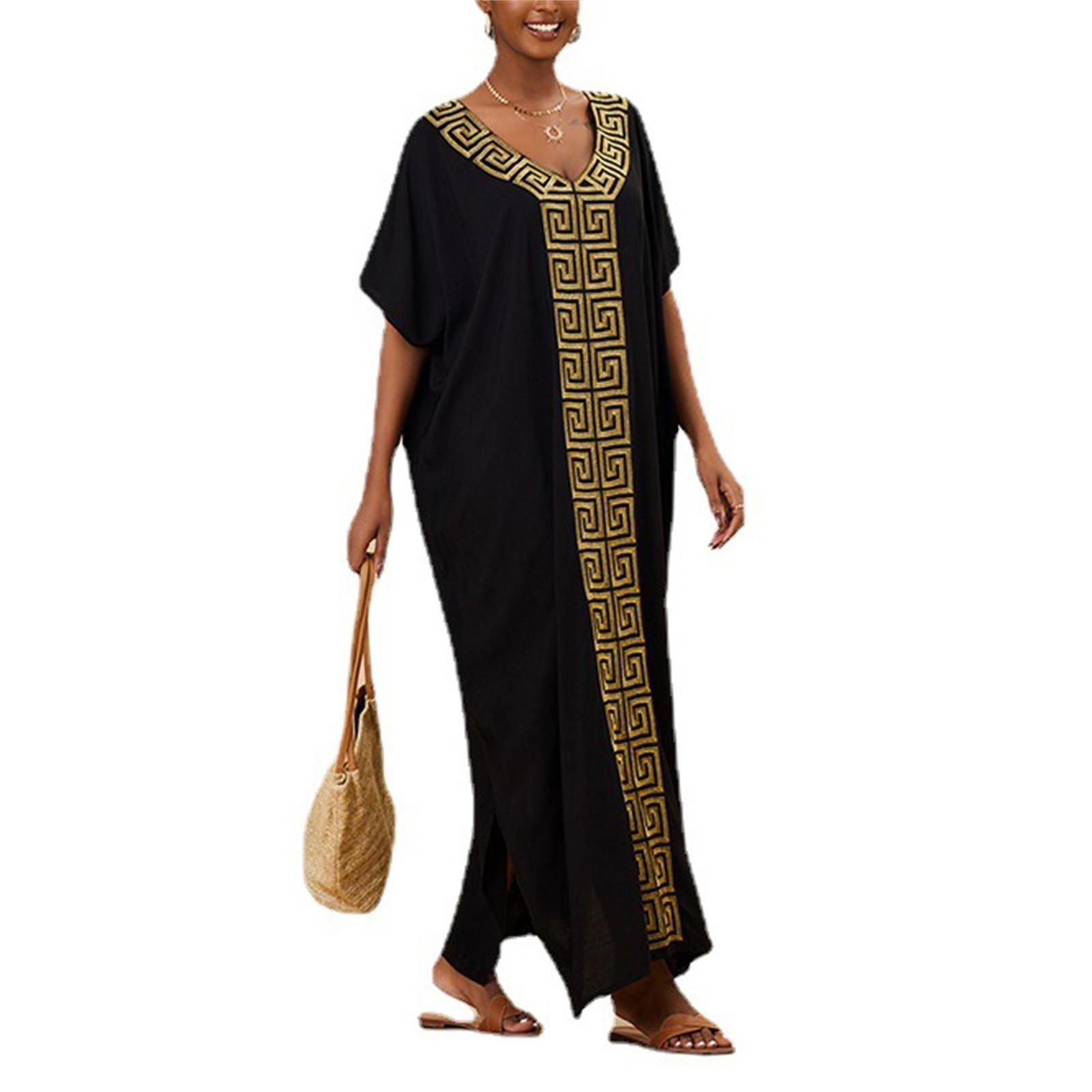 

Loose Fit Beach Cover Up Maxi Dress for Women Vacation Swimwear Overlay Long Kaftan with Geometric Pattern V Neck One Size