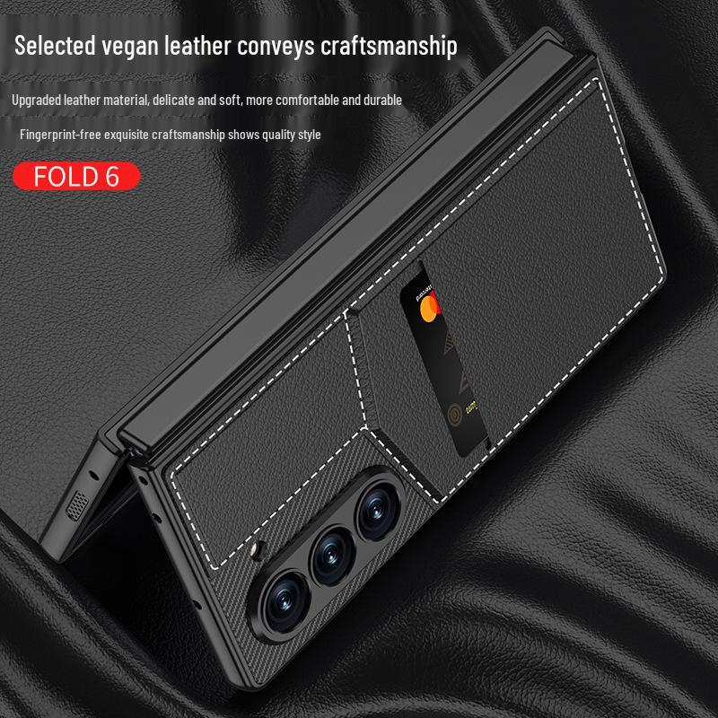 Samsung Z Fold 6 Card Holder Stand Case - Premium Leather with Film Integrated Protection