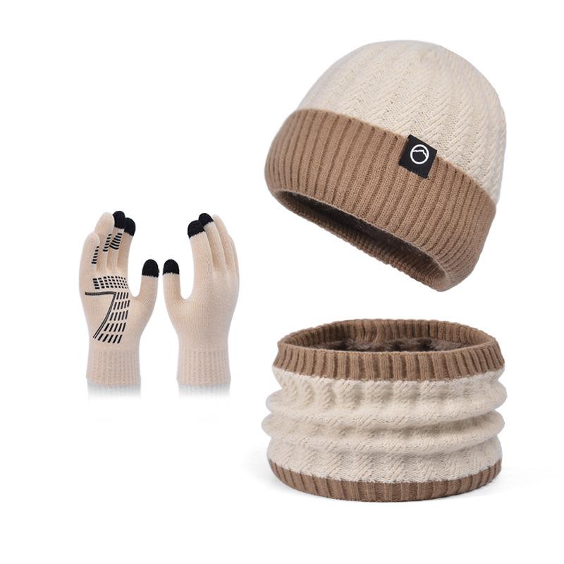 Winter Hat Gloves Scarf Set Men's Knitted Pullover Hat Fleece Warm Ear Protector Wool Hat